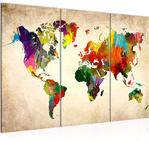 Runa Art Wandbilder Weltkarte Bild XXL Büro Wohnzimmer Bunt Kontinente Landkarte 120 x 80 cm 3 Teilig 105131a