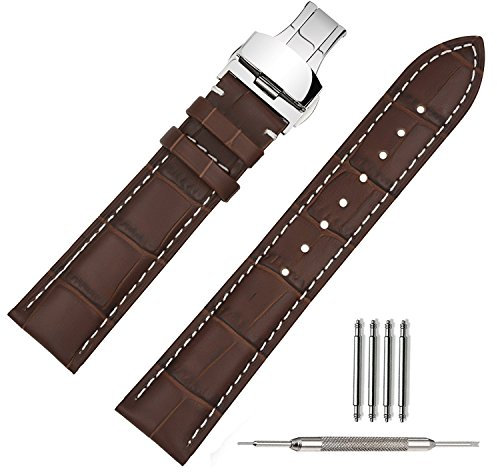 TStrap Uhrenarmband 22mm Leder - Armband Schwarz Herren - Lederarmband Uhrenband mit Edelstahl Faltschließe Faltschliesse - 18mm 19mm 21mm 22mm