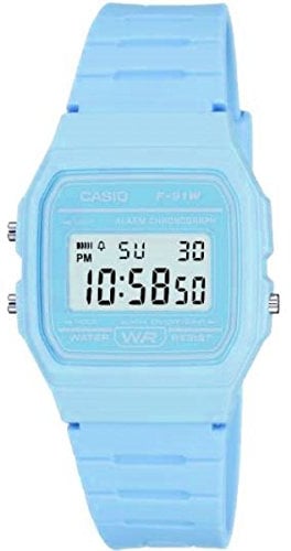 Casio Unisex Quartz Armbanduhr, 37.00mm Gehäusegröße mit LCD digital Zifferblatt und blau Rubber Strap Armband F-91WC-2AEF