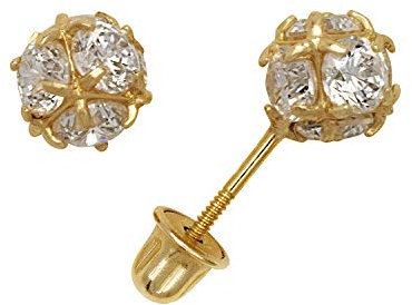 Ohrringe aus 14 Karat Gelbgold, Zirkonia, künstlicher Diamant, kleine Discokugel-Schraubverschluss, Maße: 6 x 6 mm, Schmuck für Damen, One Size, Zirkonia Edelstein Zirkonia Edelstein Goldfarben,