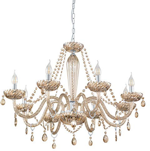 EGLO Pendelleuchte Basilano, 8 flammiger Kronleuchter Vintage, Shabby Chic, Hängelampe aus Stahl und Glas in Chrom, Cognac, Esstischlampe, Wohnzimmerlampe hängend mit E14 Fassung