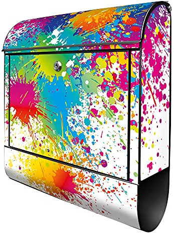 banjado® Design Briefkasten mit Farbspritzer 38,5x46,5x13cm & 2 Schlüssel - Briefkasten Stahl schwarz mit Zeitungsfach pulverbeschichtet - Postkasten A4 Einwurf inkl. Montagematerial