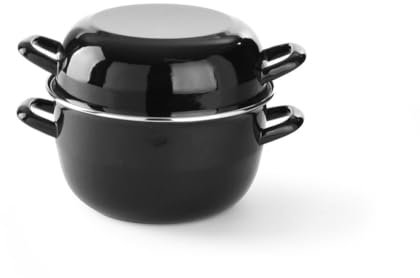HENDI Cazuela con tapa, olla, para cocinar y servir mejillones, para salsas, sólo apta para cocinas de gas, 1,3kg, 5,2L, ø260x(H)210mm, acabado esmaltado negro con reborde de acero inoxidable