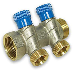 2- fach Messing Verteiler, mit Absperrventil blau, Balken mit [1''IG x 1''AG], 2 Abgänge mit 3/4'' EK (Eurokonusanschluss)