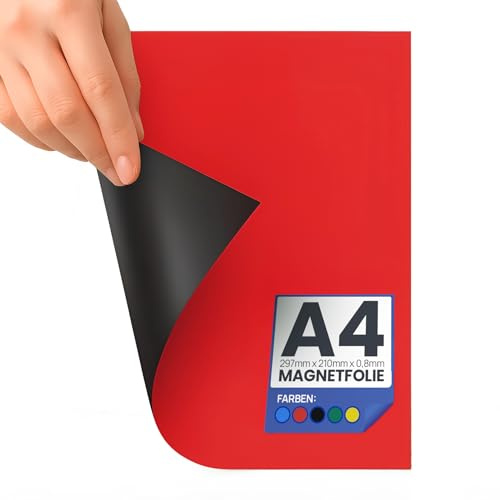 Magnetfolie DIN A4 (297 x 210 mm, 0,8 mm) – flexibel, zuschneidbar, beschriftbar & bedruckbar Magnetische Folien – Farbe: Rot