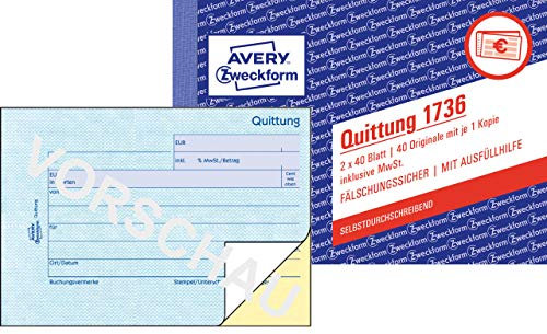 AVERY Zweckform 1736 Quittungsblock (A6 quer, 2x40 Blatt, selbstdurchschreibend, fälschungssicherer Dokumentendruck, für Beträge unter 250€ inkl. MwSt., für DE/AT) weiß/gelb