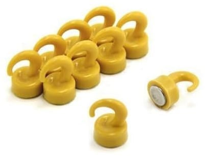 FIRST4MAGNETS Yellow Plastic Mini Magnetic Hooks for Fridge, Office, Whiteboard, Noticeboard, Filing Cabinet - 12mm Dia x 18mm Tall - 1kg Pull - Pack of 10
