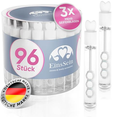 EinsSein Seifenblasen Hochzeit Lovegläschen Set weiss 96 Stück | Gastgeschenke für die Hochzeit Taufe Geburtstag Verlobung | keine Flecken auf Kleindung | Mini Hochzeitsseifenblasen Herz Herzgriff mit