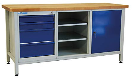 ADB Werkbank Werktisch Arbeitstisch Werkzeugtisch 1700x600x840 mm mit 1 Tür + 4 Schubladen Werkstatteinrichtung Zubehör Werkstatt ohne Rollen