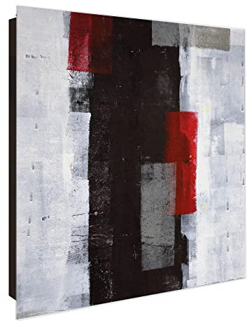 banjado® Großer Schlüsselkasten Glas/Schlüsselbox 30cm x 30cm mit 50 Haken - Motiv Abstrakt Rot/Schlüsselkasten modern für Schlüsselaufbewahrung mit beschreibbarer, magnetischer Glastür