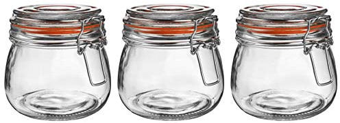 Argon Tableware Glass Jars with Airtight Metal Clip Lid - 500ml/17.6oz - 3 Pack - 4 Colour Seals - Medium Kitchen Storage Container Round Preserving Jar for Pickling, Chutney, Jam, Coffee