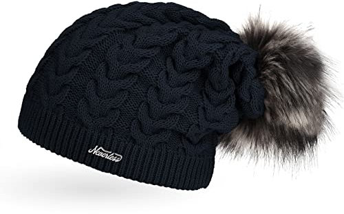 Neverless Coole Damen Strickmütze Strick-Beanie gefüttert mit Fell-Bommel, Winter-Mütze, Bommelmütze, Navy Unisize
