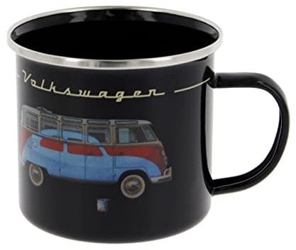 BRISA VW Collection - Volkswagen Taza Grande de Esmalte para cafété o Cappuccino T1 Bus para Camping (500 ml/Samba y Beetle/Negro)