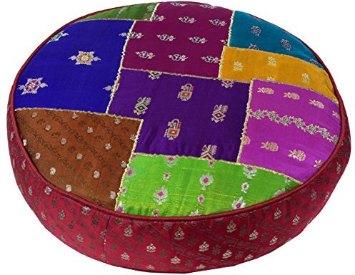 GURU SHOP Orientalisches Rundes Patchwork Kissen 40 cm, Sitzkissen, Bodenkissen mit Baumwollfüllung - Rot/patchwork, Mehrfarbig, Synthetisch, Zierkissen, Dekokissen, Sofakissen