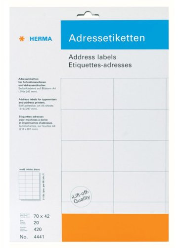Herma GmbH Logistikzentrum Premium Adressetikett HEH 4441 70x42mm 420st auf A4 weiß