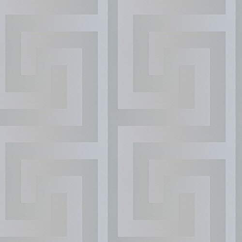 Versace 'Greek Key' Designer Luxury Satin Wallpaper in Grey / Silver Full Roll