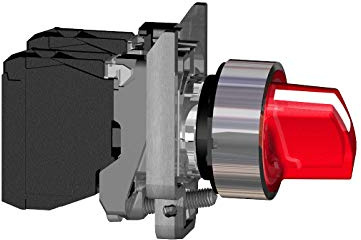 Schneider Electric Illuminated selector switch, Harmony XB4, metal, red handle, 22mm, universal LED, 3 positions, 1NO + 1NC, 24V AC DC
