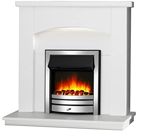Endeavour Fires New Cayton Electric 42Fireplace Suite, fitted with Chrome Trim and Fret, 220/240Vac 1&2kW with 7 day Programmable Remote Control Heater in off white MDF Surround