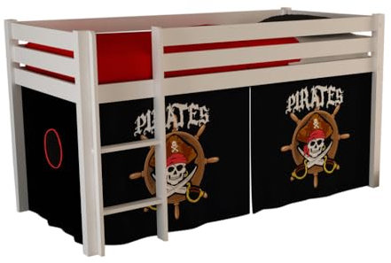 VIPACK PICOHSZG1477 Spielbett Pino mit Textilset Pirates, Maße 210 x 114 x 106 cm, Liegefläche 90 x 200 cm, Kiefer massiv weiß lackiert