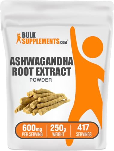 BulkSupplements.com Ashwagandha Root Extract Powder - Ashwagandha Supplement, Herbal Supplement - Vegan & Gluten Free, 600mg per Serving, 250g (8.8 oz) (Pack of 1)