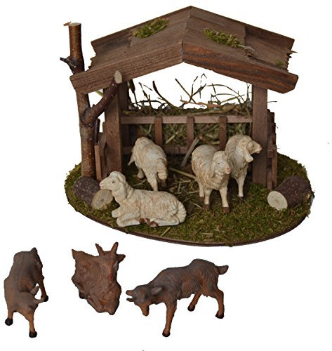 Alfred Kolbe Krippen AM 31 Weihnachtskrippen-Zubehör Set Unterstand 18 x 14,5 x 13 cm mit 4 weißen Schafen und 3 Ziegen für 10-12 cm Figuren