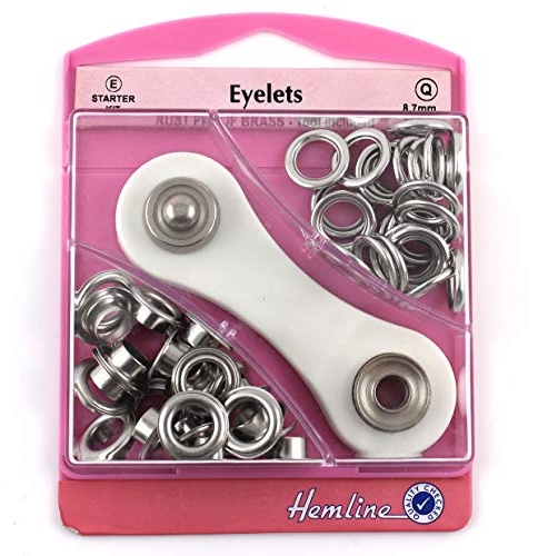 Hemline Silver Nickel Eyelet Starter Kit 8.7mm (24 sets) With Metal Grommet Eyelet Tool Washers Eyelets Hole Punch & Storage Case mm H438P.8.N