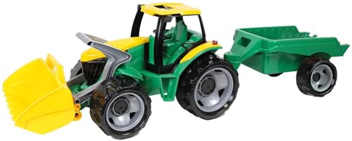 Lena 02123 - Giga Trucks Traktor mit Schaufel und Anhänger grün, Starke Riesen Spielfahrzeug Set mit Trecker mit Ladeschaufel ca. 62 cm und Hänger ca. 43 cm, Spielzeugtraktor Set für Kinder ab 3+