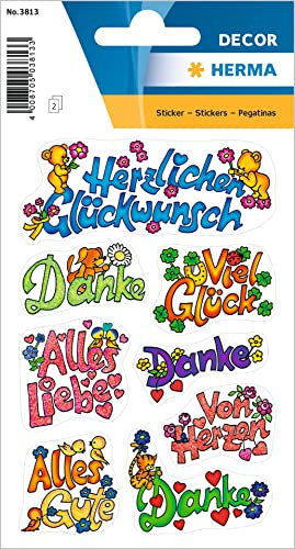 HERMA 3813 Aufkleber Geburtstag Glitzer, 16 Stück, Geschenk Sticker mit Herzlichen Glückwunsch Alles Gute Danke Viel Glück Alles Liebe Von Herzen Schriftzug, Kinder Geschenkaufkleber für Glückwünsche