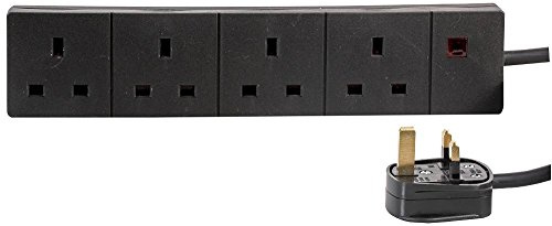 Cable-Tex 1m Black 4 Gang Power Strip Extension Cord Mains Plug