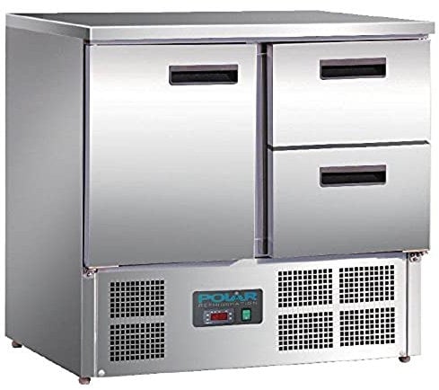 Polar Refrigeration G-Series 155W 2 Drawer Single Door Counter Fridge 240 Litre, Stainless Steel, 2°C to 5°C, 880(H)x900(W)x700(D)mm, 1 Shelf, Fan Assisted Rapid Cooling, Energy Rating C | U637