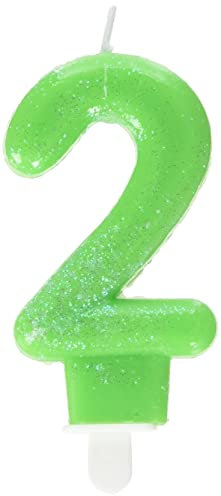 Amscan 9900763 9900763-Zahlenkerze 2, Höhe 7,6 cm, Grün, Glitzer, Tortenkerze, Kerze, Geburtstag, Kuchen, Dekoration
