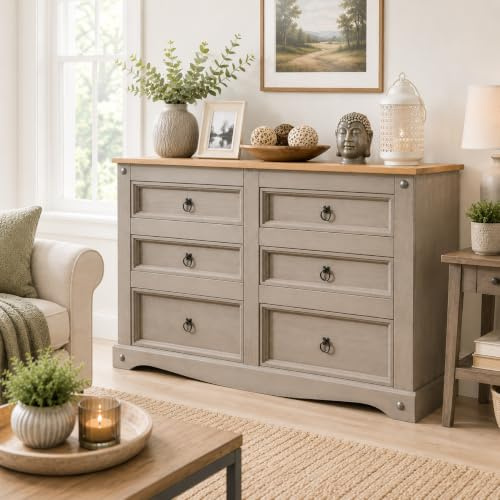 Mews Corona Grey Chest of Drawers 6 Drawer Solid Pine Mexican 3+3 Wooden Sideboard with Elegant Contrasting Gunmetal Finish Handles and Hinges