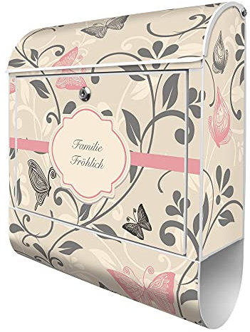 banjado® Design Briefkasten personalisiert mit WT Erwachen 38,5x46,5x13cm & 2 Schlüssel - Briefkasten Stahl weiß mit Zeitungsfach pulverbeschichtet - Postkasten A4 Einwurf inkl. Montagematerial
