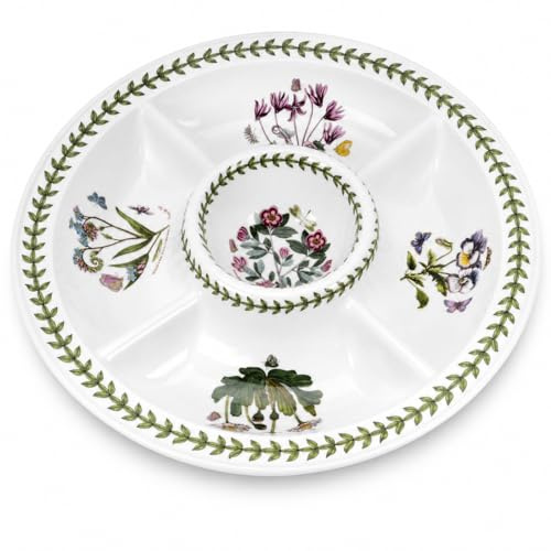 Portmeirion Botanic Garden 14 Chip & Dip Platter - Porcelain Serving Dish with Assorted Floral Motifs, Ideal for Snacks & Appetizers, Dishwasher Safe, Made in England - Elegant Serving Accessories