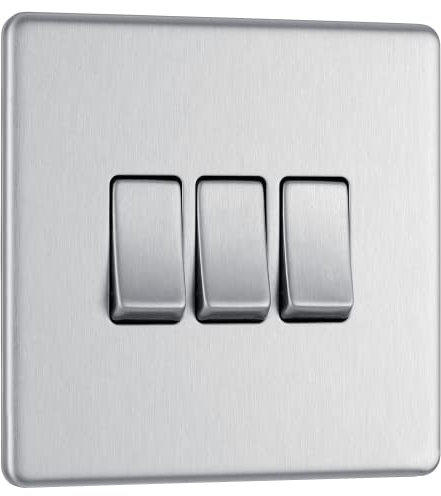 BG Electrical Interruptor de luz triple de placa plana sin tornillos, acero cepillado, 2 vías, 3 bandas, 10 AX