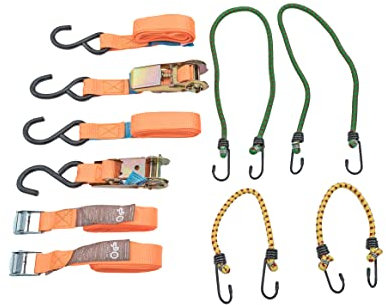 Connex Ladungssicherungs-Set 8-teilig - Vier Zurrgurte & vier Gepäckspanner - Mit wiederverwendbarer Tasche - Aus Polyester & Polypropylen / Spanngurt / Ratschengurt / Spanngummi / DY270644