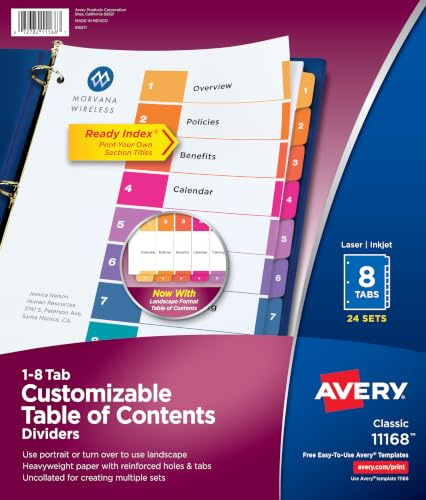 Avery 8 Tab Dividers for 3 Ring Binders, Customizable Table of Contents, Multicolor Tabs, 24 Sets (11168)