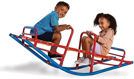 Kid's Metal Rocking Seesaw Teeter Totter with Handlebars, Weather Resistant Backyard Playground Equipment, Max Weight 140 lbs