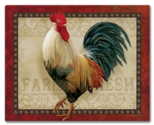 CounterArt Farm Fresh Rooster 3mm Heat Tolerant Tempered Glass Cutting Board 15” x 12” Serving Board Charcuterie Dishwasher Safe