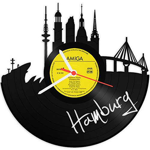 GRAVURZEILE Schallplattenuhr - Skyline Hamburg 2018 - Wanduhr aus gegossenem Vinyl mit Stadt Skyline 30 cm - Upcycling Design-Uhr Wand-Deko Vintage Wand-Dekoration Retro-Uhr - Made in Germany