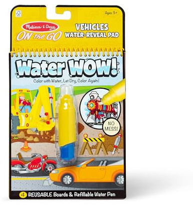 Melissa & Doug Water WOW Wassermalbuch Fahrzeuge - FSC zertifizierte | 4 wiederverwendbare Malbretter, nachfüllbarer Wasserstift, sauberes Reisespielzeug, Kunst und Handwerk, sensorisches Spielen