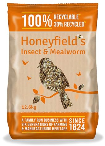 Wild Bird Food for Small Birds - Wild Bird Seed Mix with Dried Mealworms for Wild Birds, Made with Wheat and Sunflower Seeds, High in Energy and Protein (12.6kg) - Honeyfield’s