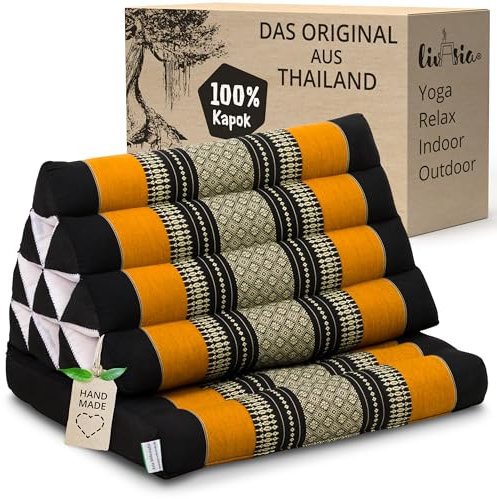 livasia Thaikissen mit 1 Auflage - 75x50x8cm - Dreieckskissen mit Sitzkissen, Keilkissen mit Kapok, Rückenkissen faltbar, Thaimatte zum Klappen, handgefertigt, Meditationskissen (Schwarz/Orange)
