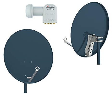 OPTICUM QA80 Antenne parabolique 80 cm avec Support LNB & Quad LNB LQP 04H - Compatible 4K HD & 3D - Antenne Satellite en Acier résistante aux intempéries - 4 participants - Anthracite