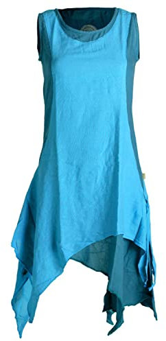 Vishes - Alternative Bekleidung - Ärmelloses Zipfeliges Lagenlook Kleid/Tunika aus handgewebter Baumwolle türkis 36