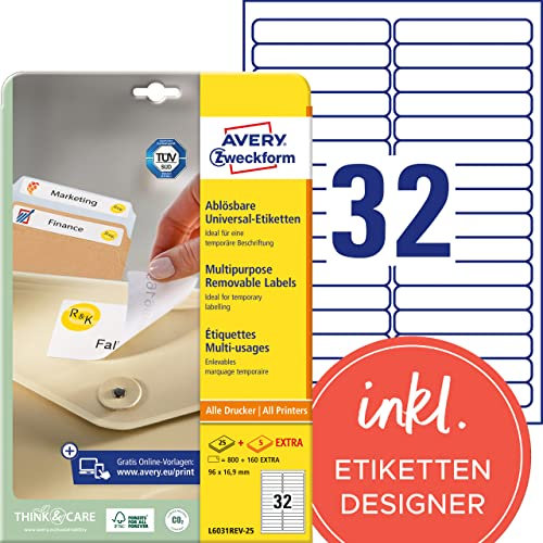 AVERY Zweckform L6031REV-25 Universal Etiketten (800 plus 160 Klebeetiketten extra, 96x16,9mm auf A4, wieder rückstandsfrei ablösbar/abziehbar, bedruckbar, selbstklebende Aufkleber) 30 Blatt, weiß
