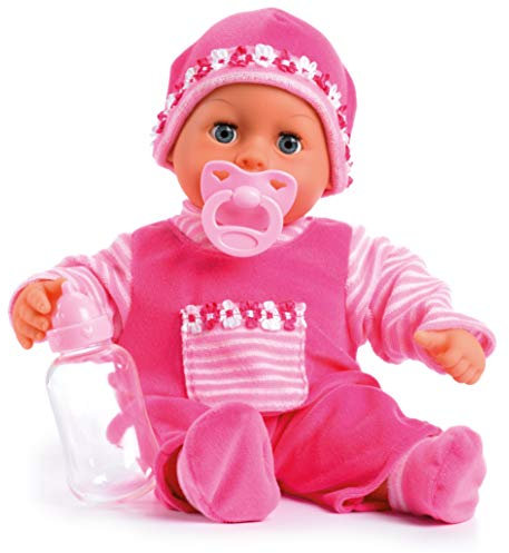 Bayer Design 93800-pink 93825AA Babypuppe First Words, Schlafaugen, spricht 24 Babylaute, weicher Körper, mit Schnuller und Flasche, 38 cm, pink