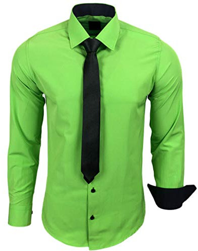 Baxboy 444-BK Herren Kontrast Hemd Business Hemden mit Krawatte Hochzeit Freizeit Fit, Farbe:Grün, Größe:XL