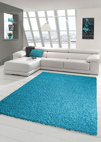 Shaggy Teppich Hochflor Langflor Teppich Wohnzimmer Teppich Gemustert in Uni Design Türkis Größe 140x200 cm