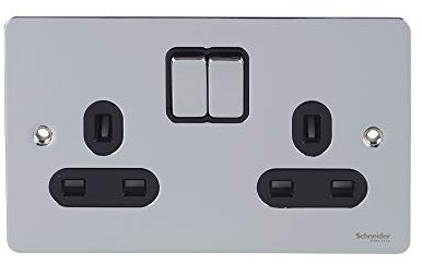 Schneider Electric Ultimate Flat Plate - Switched Double Power Socket, Single Pole, 13A, GU3220BPC, Polished Chrome with Black Insert